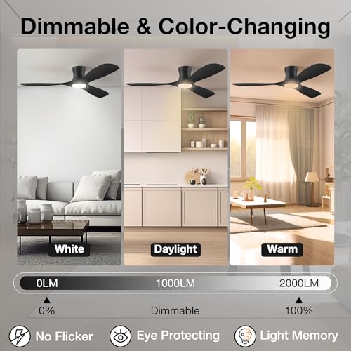 Image of 52 inch Smart Low Profile Ceiling Fans with Light Remote,Flush Mount,Black,Wood