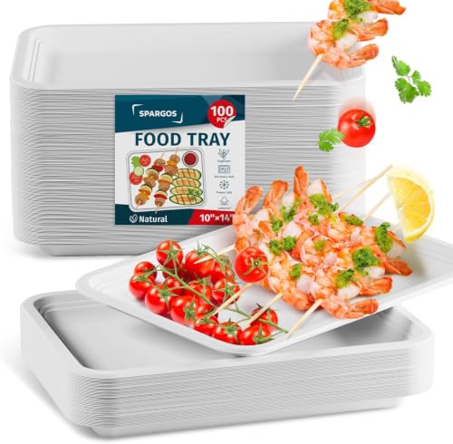 100 Pack 14 Inch Heavy Duty Disposable Food Trays Compostable Large Plates