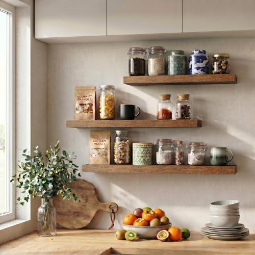 Image of Fun Memories Floating Shelves for Wall, 3 Pack 36 Inch Long Floating Shelves, 36 x 12 Wooden Shelves for Wall, Large Storage Shelves, Hanging Shelves for Bathroom Bedroom Kitchen, Brown