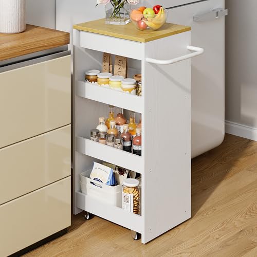 IRONCK Slim Storage Rolling Cart with Drawer and Wheels and Handle, 4 Tier Slide Out Utility Kitchen Cart for Small Spaces Kitchen Laundry Narrow Places, 11.8' D White