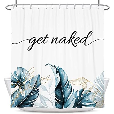 Coxila Get Naked Shower Curtain Tropical Green Leaves Funny Quotes Botanical Greenery Plant Palm Tree Banana Leaf Bathroom Decor 60 x 72 Inch Polyester Fabric Waterproof 12 Pack Plastic Hooks Cover