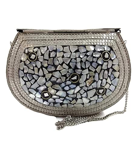 Image of Shakuntala Vintage Clutch - Metal Mosaic Stone & Shell Design Purse - Handmade Women's Handbag