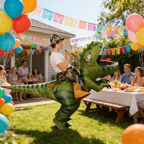 Inflatable Dinosaur Costume Green Rider Halloween Costume with Stripes 5.5FT-6.5FT