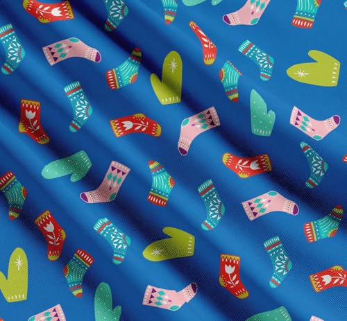 Image of Soimoi Blue Cotton Poplin Fabric Socks & Gloves Folk Art Print Sewing Fabric Meter 56 Inch Wide