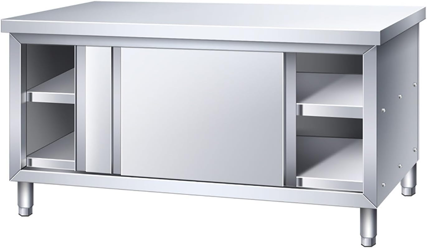 Stainless Steel Commercial Worktable, Heavy Duty Workbench w/Cabinet, Kitchen Prep Table w/Sliding Doors, Kitchen Prep Station for Restaurant, Food Service(120x60x80cm/47.2x23.6x31.4in)