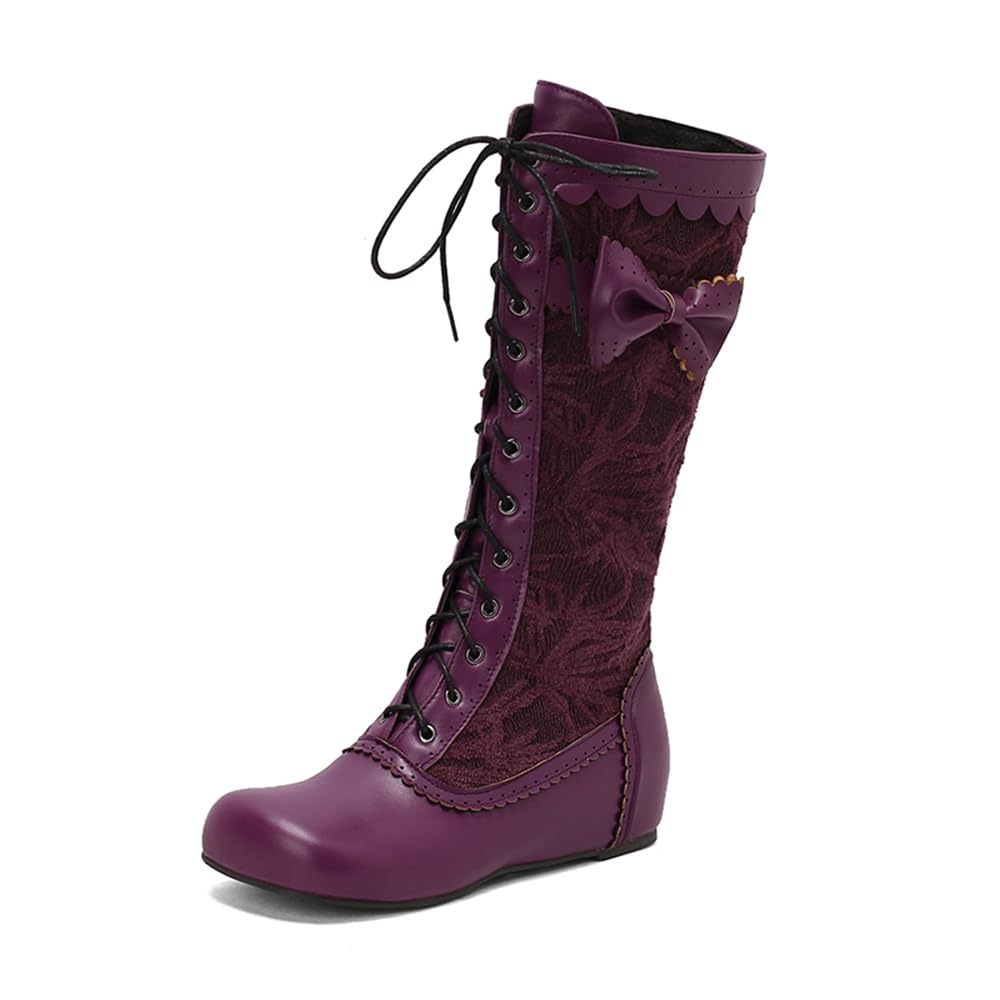 Knee High Boots Womens Extra Wide Round Toe Bownt Lace Up and Side Zipper Long Boots
