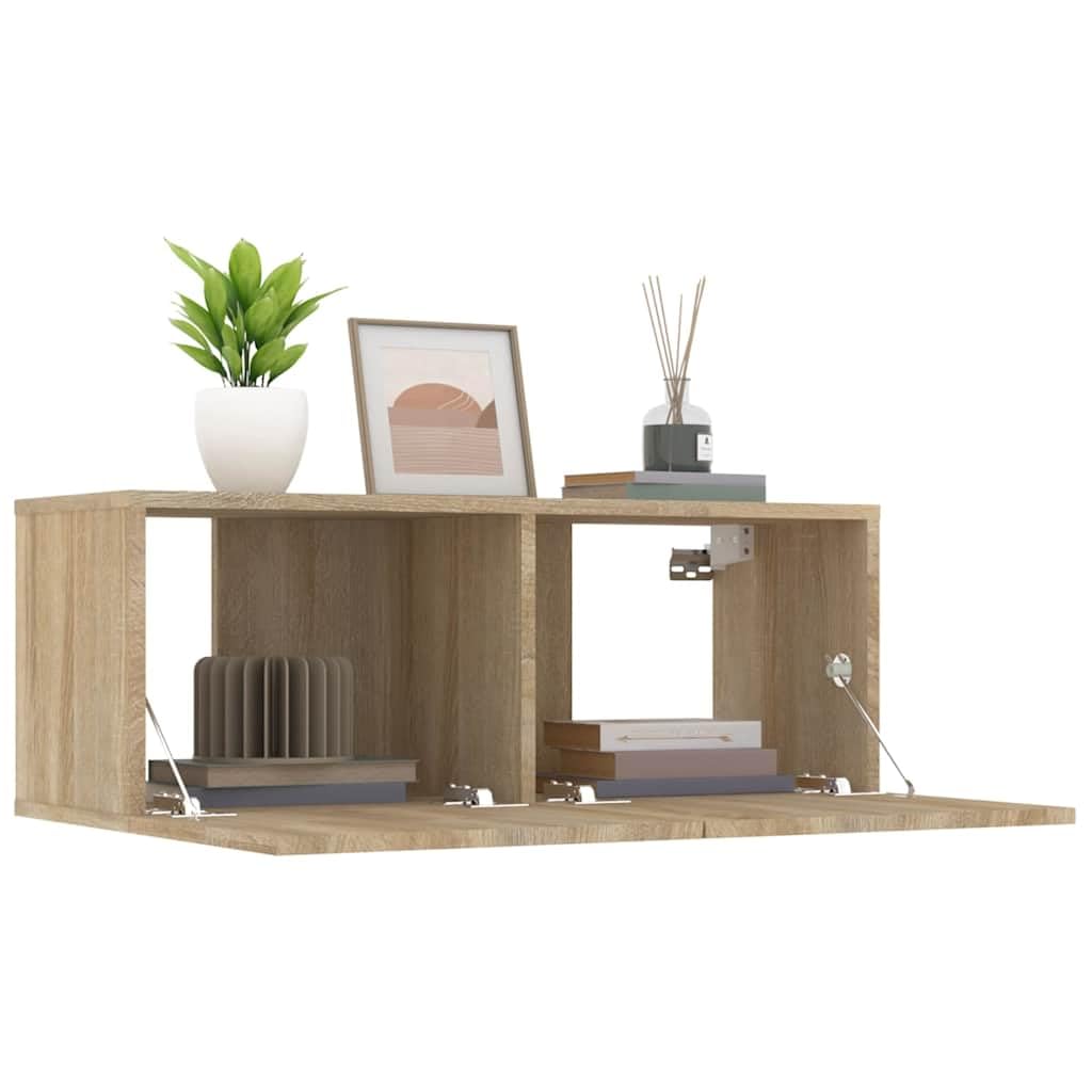 Set 2 Mobili TV Sospesi Rovere Sonoma 80x30x30 cm | Mensole sospese per soggiorno e camera da letto, dotate di ante a ribalta per organizzare decoder e accessori.