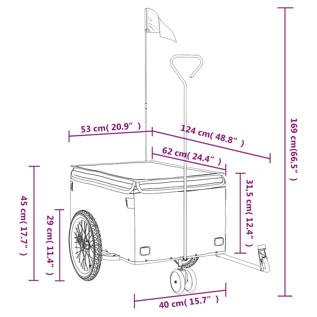Remolque de bicicleta negro azul hierro con barra de tiro, bandera de seguridad y reflector para transporte, compras, paseos en bicicleta, ciudad, exterior, uso diario, plegable, con resorte