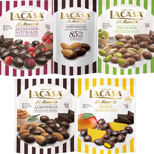 Lacasa Mi Momento pack de 5:Almendra 85% 65G,Arándano choco Negro 125G,Almendra choco Negro 125G,Pistacho Leche 100G,Mango choco Negro 115G