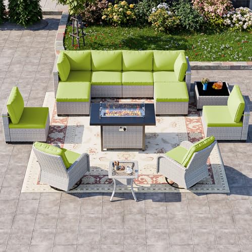 Image of 13-Piece Patio Furniture Set, Outdoor Patio Furniture with Swivel Chairs Set, Ottomans, 55,000 BTU Fire Pit Table, Modular Patio Sofa, Dual-Strand Rattan, Rust-Resistant Frame, Grass Green
