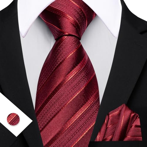 Image of Barry.Wang Man Stripe Ties Set Silk Woven Pocket Square Necktie Cufflinks Formal Party Business