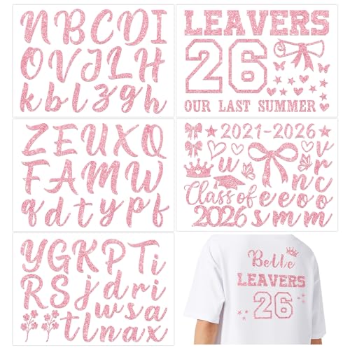 DOORIO 5 Sheets 2026 Leavers Iron on Transfers Class of 2026 Transfer Names Glitter DIY Leavers Shirt Decoration Graduation Transfers for Clothing T-Shirts Backpacks Jerseys (Pink)