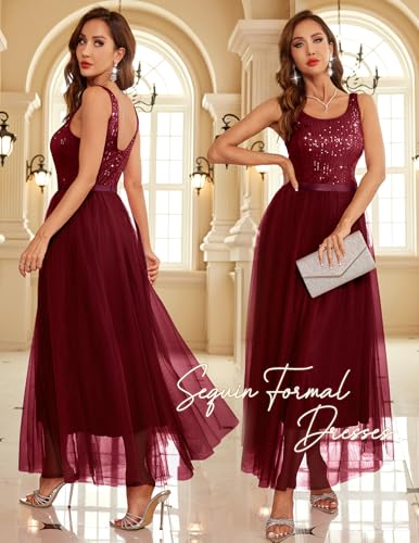 Image of BeryLove Sequin Dress for Woman Vintage A Line Wedding Formal Swing Mesh Dress Sleeveless Cocktail Maxi Gowns
