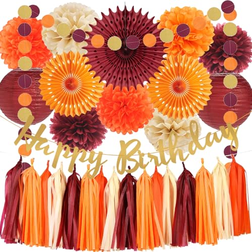 Decorazioni per feste autunnali Borgogna e arancione Decorazioni di compleanno in tessuto Pom Poms Ventagli di carta Lanterne Ghirlande con nappe per donne ragazze autunno compleanno Ringraziamento