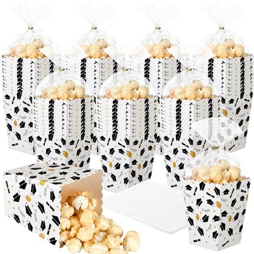 Image of CHENGU 100 Set Graduation Popcorn Boxes Class of 2026 Party Favors Supplies, Mini Paper Popcorn Containers Bucket Graduation Candy Box with Clear Treat Bags and Ties, 2.2 x 4.2 x 3