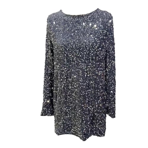 Paillettenrock in Übergröße, Paillettenkleid, Fliege, Glitzer, Rundhalsausschnitt, lange Ärmel, locker, schwingender Tunika-Kleid, Disco-Party,...