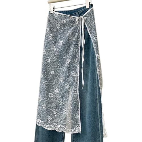 Women Korean Sheer Mesh Layering Long Skirt Hip Scarf with Tie Up Hollow Out Flower Lace Hip Covering Apron Skirts