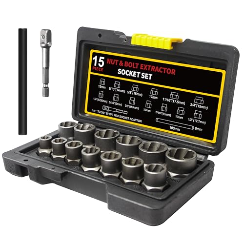 15Pcs Bolt Extractor Socket Set, Heavy-Duty Nut Socket Set, 3/8
