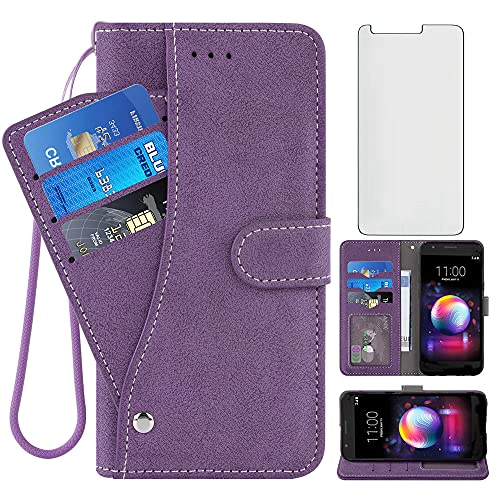 Compatible with LG K30 2018/Premier Pro LTE/Phoenix Plus/Harmony 2/K10/K11/Xpression Wallet Case and Tempered Glass Screen Protector Card Holder Stand Cell Phone Cover for LGK30 K 30 30K LMX410 Purple