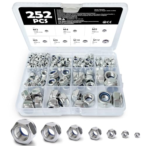 252 PCS Locknuts Assortment Kit 7-Size (M3 M4 M5 M6 M8 M10 M12) Nylock Nuts Complete Set Assorted Nylon Insert Locking Hex Nuts for Bolts Screws & Maintenance