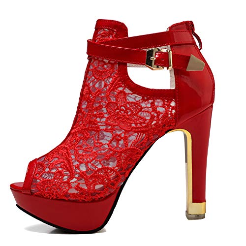getmorebeauty Women's Red Pretty Lace Flowers Open Toes High Heels Ankle Boots 10 US