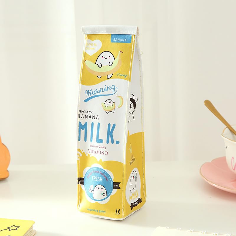Image of GLOGLOW Cartoon Milk Stationery Bag, PU Creative Milk Box Pen Pencil Case Milk Carton Pencil Cases Large Capacity Storage Bag (Yellow)