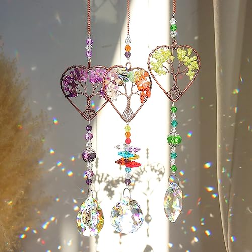 Sonnenfänger Kristall Fenster,3 Stück Baum des Lebens Kristall Anhänger Deko,Fensterdeko Hängend,Kristall-Sonnenfänger,Regenbogen Sonnenfänger Kristal,Regenbogen Kristalle Anhänger,Zuhause Gartendeko