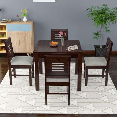 Image of Solid Sheesham Wood 4 Seater Dining Table Set with Cushioned Chairs for Dining Room | Living Room | Home & Office | Hotels Restaurant & Cafe (4 Seater, Walnut)