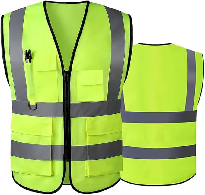 poaker5 Pocket Safety Jacket – Reflective Workwear with Zip, 3 Band Security, Mobile Phone Pocket, and Pen & Pencil Holder