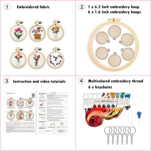 Image of 6 Sets Mini DIY Embroidery Kits for Beginners Adults, Flowers Hand Embroidery Starter Kit Needlepoint Kits, Stamped Cross Stitch Kits for Beginners Adults, 7 Embroidery Hoops (Attached Video Tutorial)