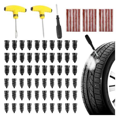 VKQTS Flat Tire Repair Kit Heavy Duty,All-in-One Tire Plug Kit Includes 60PCS Screw,15PCS Tires Plugs Seal Strip,Screwdriver,Drill,Screw in Tires Plugs Car Emergency Kits for Puncture