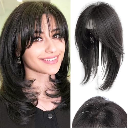 ICRAB Women Hair Topper with Curtain Bangs 14Inch Invisible Layered