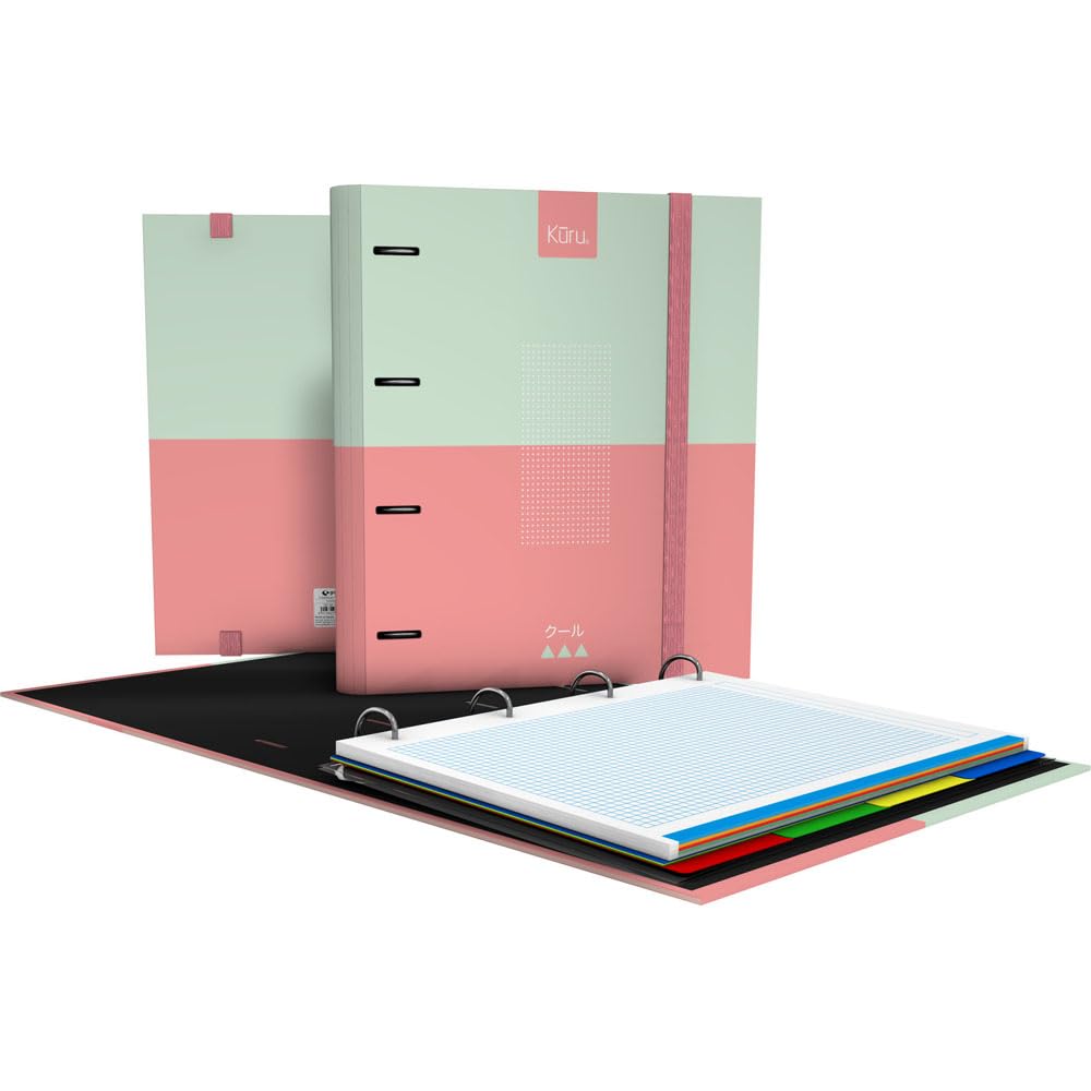 Grafoplás | 4 Ring Binder | A4 | Kuru | Pink | Includes Refill Grid 5x5 Colour Edge | Paper 90g | Plastic Dividers | Ergonomic Curved Spine | Carpebook | Perfect School Supplies