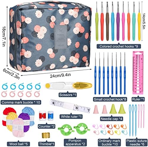 Crochet Kits for Beginners Adults Crochet Hooks Set with Organiser Bag, 66 Pcs Knitting Starter Kit Include 0.6-6.0 mm Metal Crochet Hooks, Yarns, Case and Knitting Accessories for Kids Starters