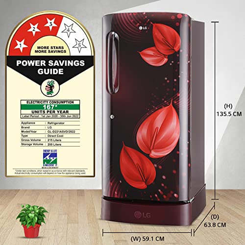 Image of LG 215 L 3 Star Direct-Cool Single Door Refrigerator Appliance (GL-D221ASVD, Scarlet Victoria, Base Stand with drawer, 2022 Model)
