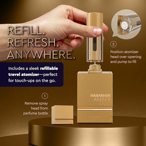 Image of Al Haramain Amber Oud Gold Edition Eau De Parfum Spray 60ml + ATOMIZER - Unisex Perfume Arabian Perfumes for Women & Men - Long-Lasting Sweet Fragrance Arabic Cologne - Men & Women's Gift (2 oz.)