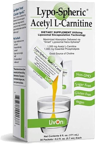 Lypo-Spheric Acetil L-Carnitina – 1,000 mg de acetil L-carnitina y fosfolípidos esenciales por paquete – Liposoma encapsulado para una máxima