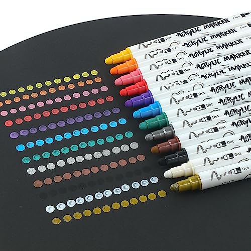 Image of TRANSON 12 Color Bold and Fine Dual-tip Acrylic Paint Pen Set for Canvas Rock Wood Leather Ceramic DIY Painting