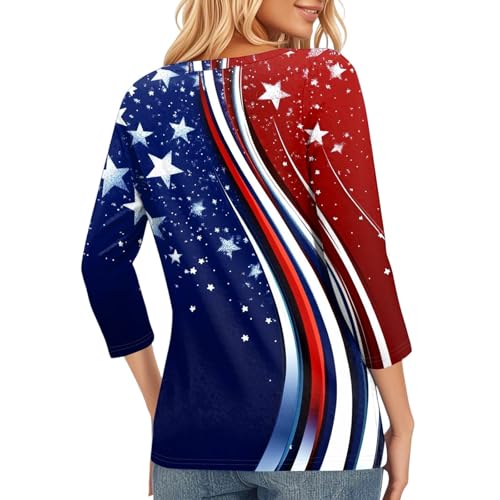 Image of 4th of July Shirts Women 3 /4 Length Sleeve Womens Tops Henley Neck Casual Patriotic T Shirts