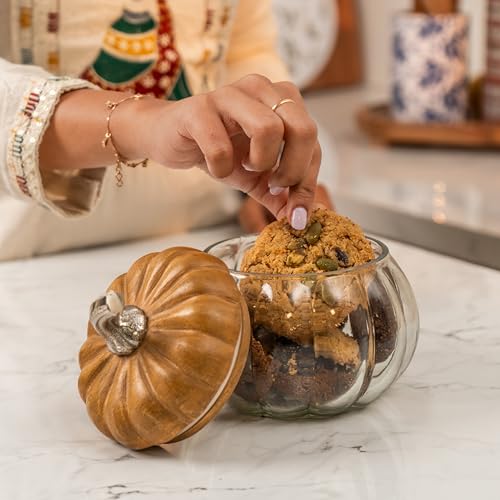 Image of Ember Glass Jar with Airtight Acacia Wood Lid | 650ml | 5.5 x 5.5 x 5.5 Inches | Handcrafted Glass Storage Jar for Cookies, Snacks, Candy, Spices & Dry Fruits | Decorative Kitchen Jar