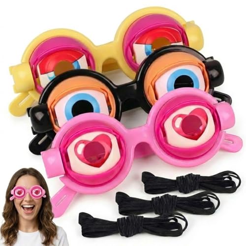 Disflmm 3Pcs Funny Glasses for Adults Crazy Eye Glasses(with 3 Glasses Cords) Eyes Glasses Adult Size Silly Sunglass With Blinking Eyeball for Party and Performances(Pink Black Yellow)