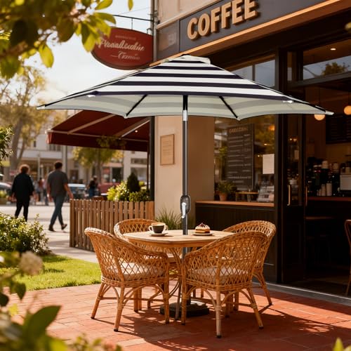 Image of Blissun 7.5 ft Patio Umbrella, Yard Umbrella, Outdoor Market Umbrella with Push Button Tilt Crank, Black & Beige