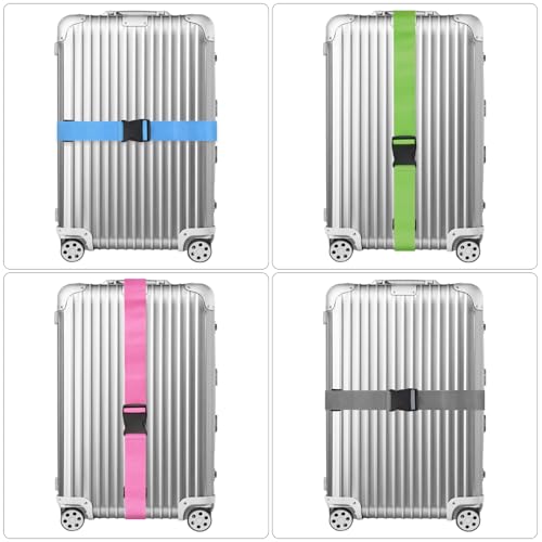 4 Pack Luggage Straps for suitcases, 4 pcs Extra Long Suitcase Straps TSA Approved Luggage Belt with Buckle, Adjustable Travel Belt for Luggage for 20'' - 32'' Suitcases(Grey Blue Green Pink)