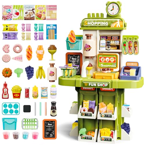 deAO Supermercado Juguete Niños, 48PCS Caja Registradora Juguetes Accesorios con Cesta, alimentación, Helados, Hay Sonido y luz Escáner ect. para Juego de rol Regalo Niños Niñas | Verde