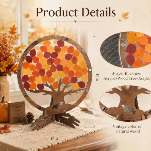 Image of PAMBO Wedding Guest Book Alternative with 55 Fall Leaves - Rustic Wooden Tree of Life Guestbook Frame, 12 inch Handcrafted Autumn Wedding Sign in Decoration & Keepsake for Reception