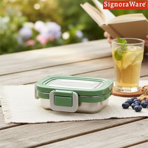 Image of Signoraware Lock N Store Stainless Steel Containers | Airtight & Leakproof | Compact & Durable | Ideal for Snacks, Kids, Travel, Office, School & Outdoor Use (160ml | EGreen)