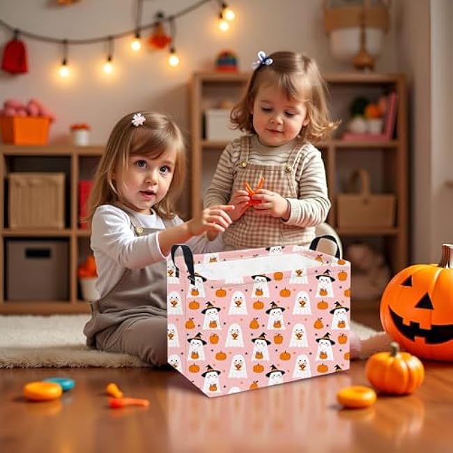 Rectangular Halloween Basket Storage Basket Waterproof Storage Bin for Bedroom Collapsible Bin Books Box Room Decor(Pink Ghost)