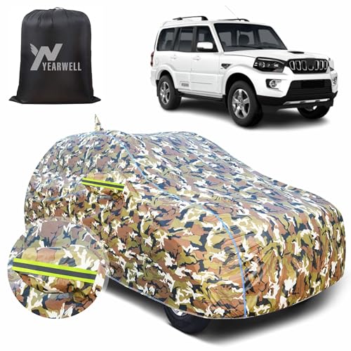 Image of Car Body Cover for Mahindra Scorpio N, 100% Waterproof, Heat-Resistant with Mirror & Antenna Pockets, Soft Cotton Lining, Triple Stitched, Green Reflector (Jungle Print)