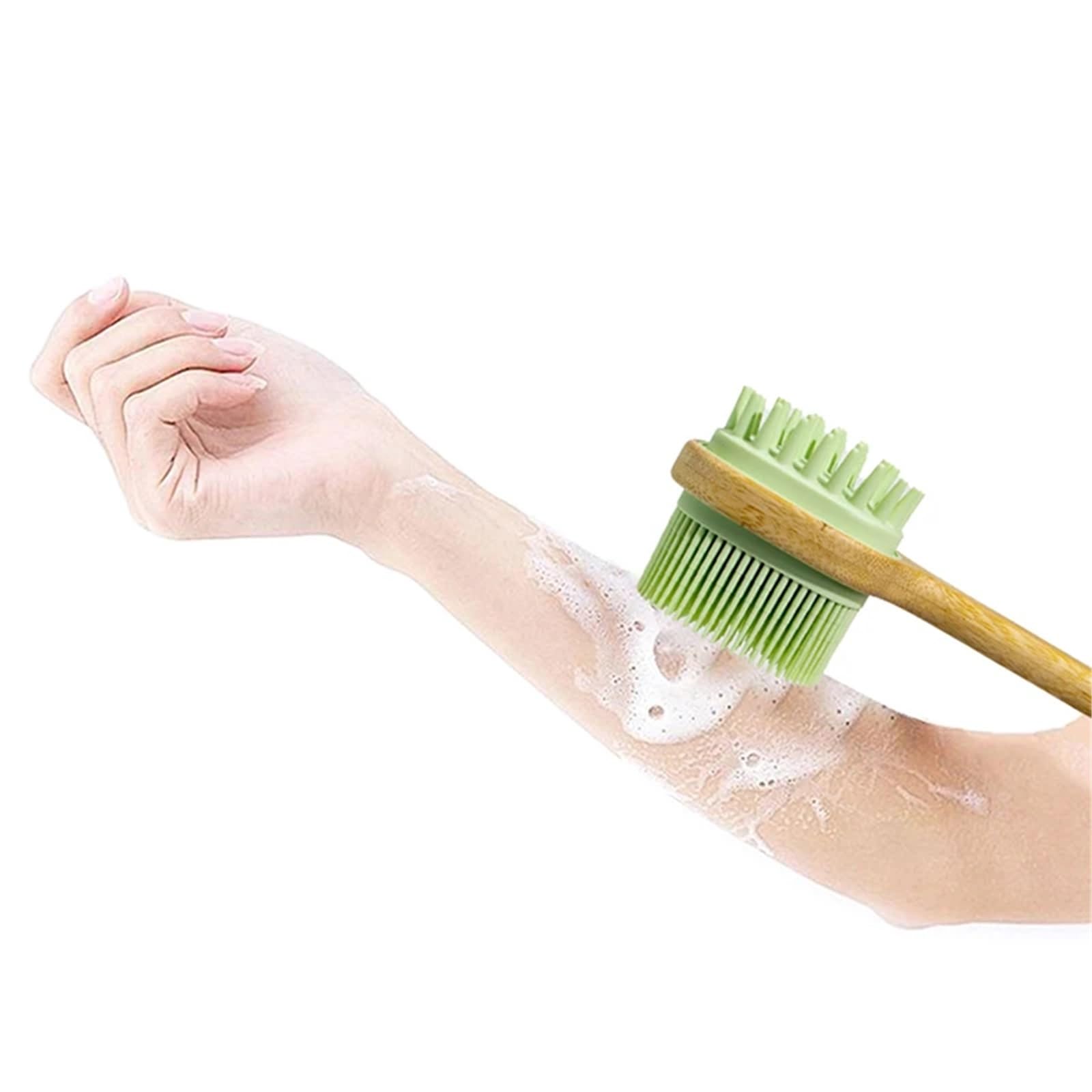 Cepillo Para La Espalda 2 uds cepillo de silicona frotador de espalda cepillo de ducha con mango largo de madera herramienta de limpieza de masaje corporal exfoliante de piel seca Per Il Bagno(Black)