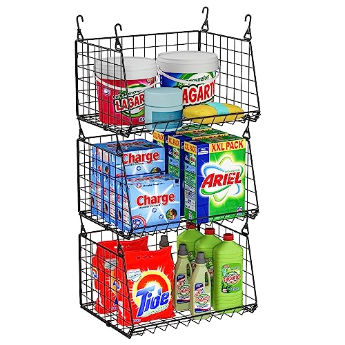 3-Pack Hanging Laundry Room Organizaton：Foldable Laundry Basket Wire Basket with 360°Rotating Hooks Small Space Organization Over Washer and Dryer Shelves - Hanging Closet Organizer, Black Patent